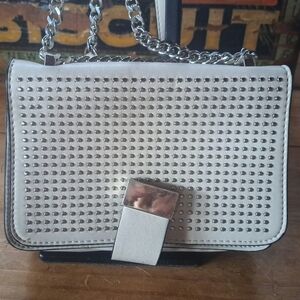 Studded Crossbody Purse, Adjustable Chain Strap, White Faux Leather, Magnet Snap